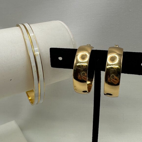 Monet Set:  Gold-Tone & White Bangle Bracelet & Gold-Tone Hoop Earrings - Picture 1 of 15